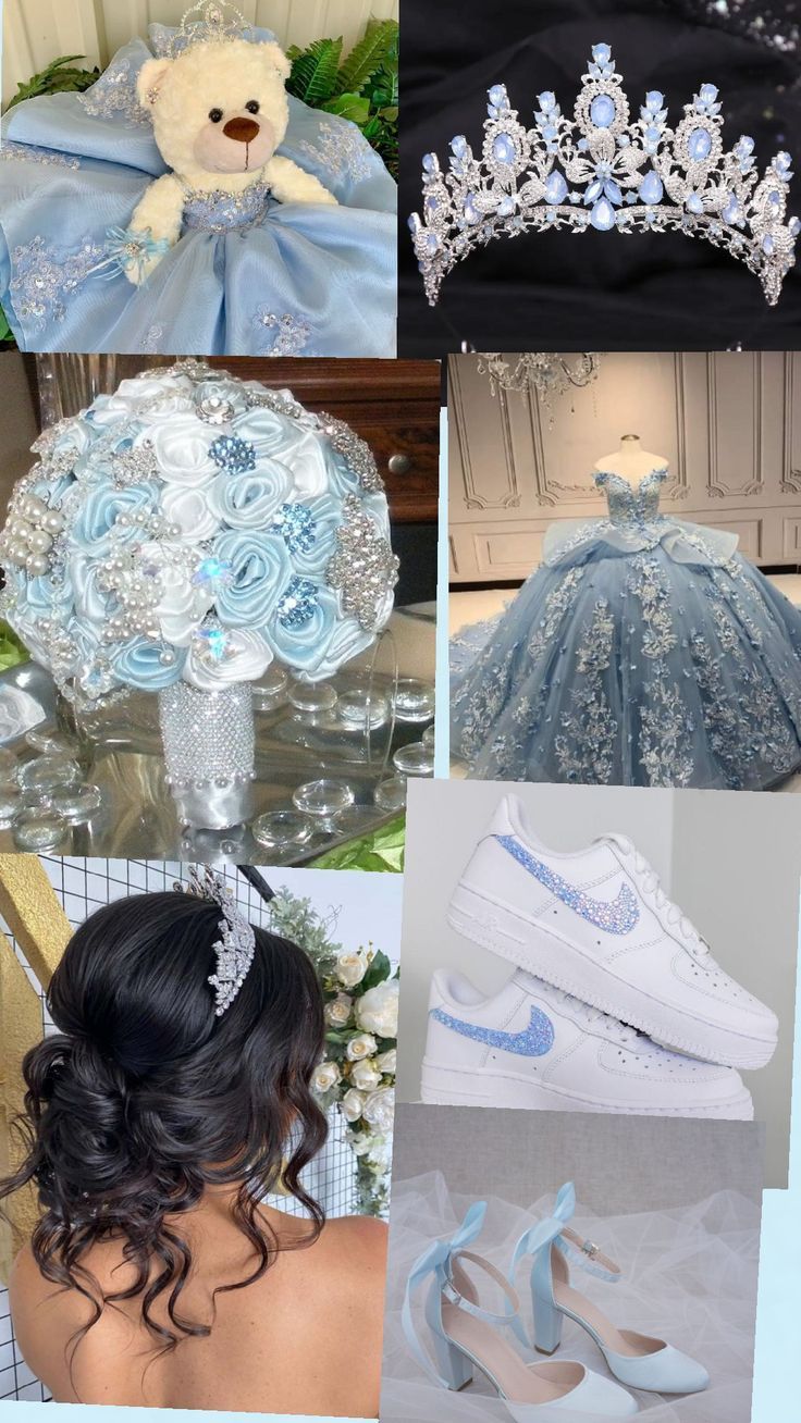 a collage of photos with blue and white wedding gowns, shoes, tiara and teddy bear