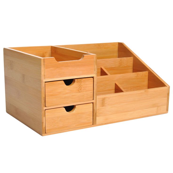 a wooden drawer with three drawers and two compartments on the bottom one is open to show what's inside