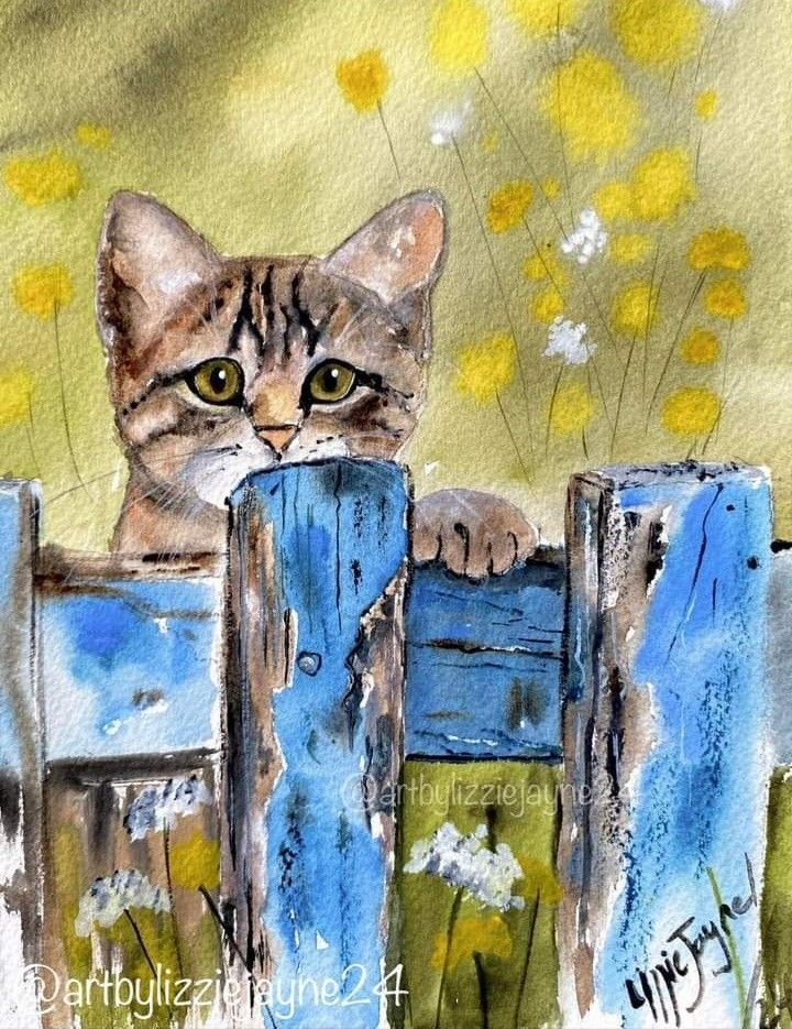 a watercolor painting of a cat peeking over a fence with daisies in the background