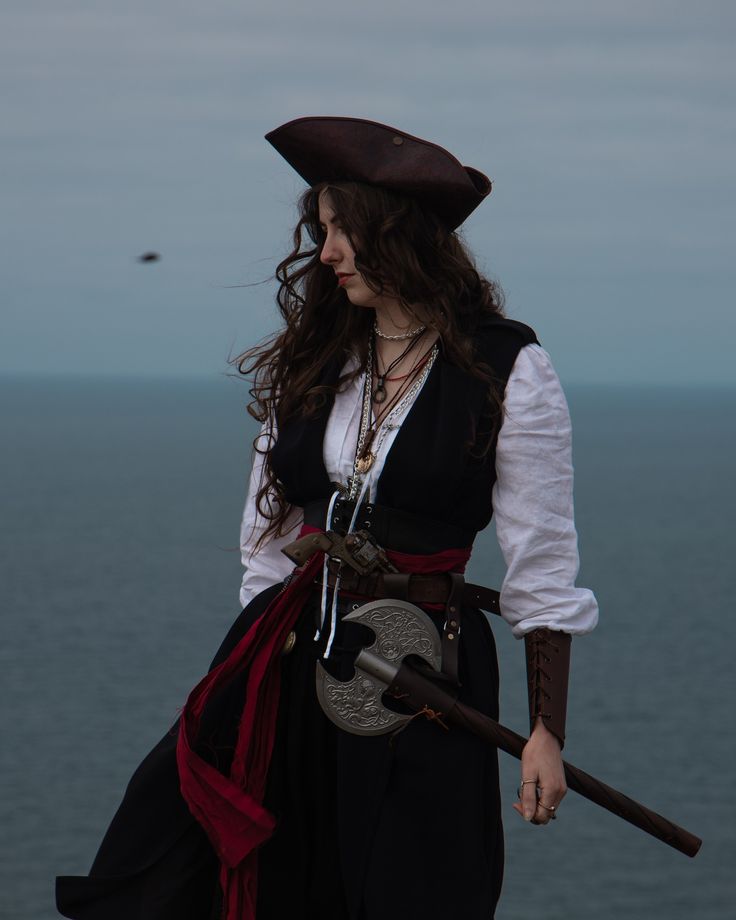 Pirate outfit pirate outfit pirate outfit Pirate Reference Photo, Red And Black Pirate Outfit, Pirate Outfit Female Pants, All Black Pirate Outfit, Lesbian Pirate Costume, Renfaire Pirate Women, Pirates Outfit Ideas, Pirate Female Aesthetic, Undead Pirate Costume