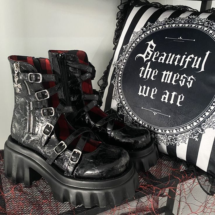 Attention all edgy fashionistas! Are you looking for a pair of boots that screams punk rock but also reflects your alternative aesthetic? Look no further than the Crack Black Platform Boots Crust Punk Aesthetic, now available in two bold colors: black and dark gray. Free shipping in the US and worldwide. These high boots are not for the faint of heart. Featuring multiple straps and buckles, they are the ultimate in edgy style. The eco-leather material ensures durability and long-lasting wear, so you can rock them all season long. But these boots aren't just about the looks. They offer a range of benefits and unique features that will convince you to make them a staple in your wardrobe: Versatility: The Crack Black Platform Boots Crust Punk Aesthetic are suitable for a variety of aesthetics Crust Punk Style, Crust Punk Aesthetic, Crust Punk, Punk Shoes, Black Punks, Punk Aesthetic, Black Platform Boots, Punk Girl, Boot Straps