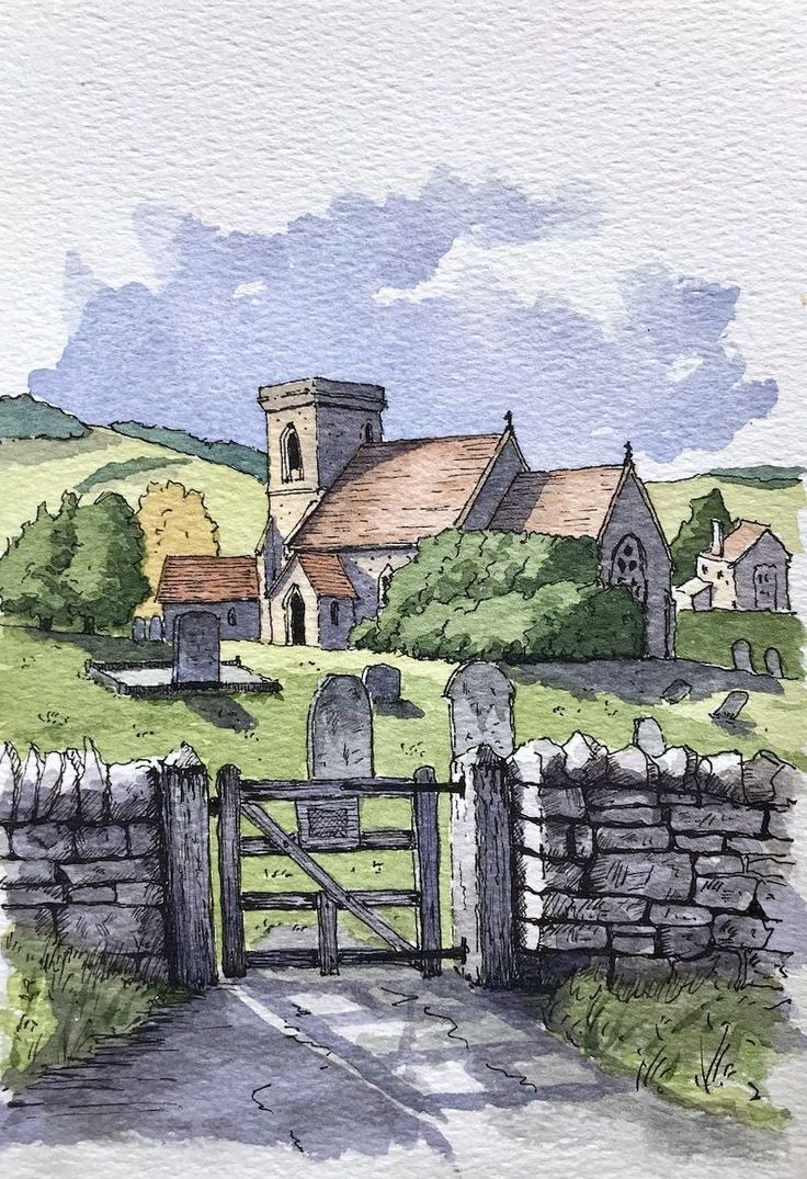 a watercolor painting of an old church in the countryside with a stone fence and gate