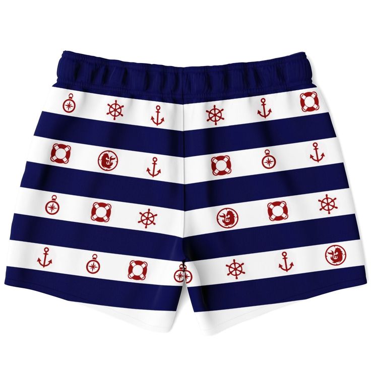 Get ready to soak up the sun in our Maris Equi Men's Nautical Swim Shorts. Designed for comfort and performance, this swimsuit is perfect for all your aquatic adventures. Mix and match with our coordinating shirts, flip flops, and swim briefs to create your own signature beach look. Shop now and make waves with Maris Equi! These swim trunks are handmade after you order them. Please allow 2 weeks for delivery. This suit has a lot of stretch and is very size friendly. If you want a tighter look, s Navy Swim Trunks With Built-in Shorts For Vacation, Short Swim Trunks For Swimming On Vacation, Navy Swimwear With Built-in Shorts For Vacation, Navy Bottoms With Built-in Shorts For Beach, Navy Swimwear With Built-in Shorts, Navy Swim Trunks With Built-in Shorts For Beach, Moisture-wicking Shorts For Swimming And Beach Season, Moisture-wicking Shorts For Beach Swimming, Vacation Swim Trunks With Upf 50+