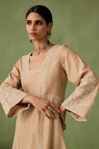 Dark beige kurta with intricate dori embroidery and pearl, bead, and sequin accents. Comes with a minimal embroidered palazzo and a sheer organza dupatta with embroidered scalloped edges. - Aza Fashions Sureena Chowdhri, Beige Kurta, Dori Embroidery, Diana Penty, Kurta Set For Women, Beige Silk, Luxury Sale, Beaded Neckline, Kiara Advani