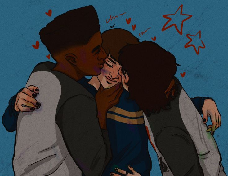 three people are hugging each other in front of a blue background with hearts and stars