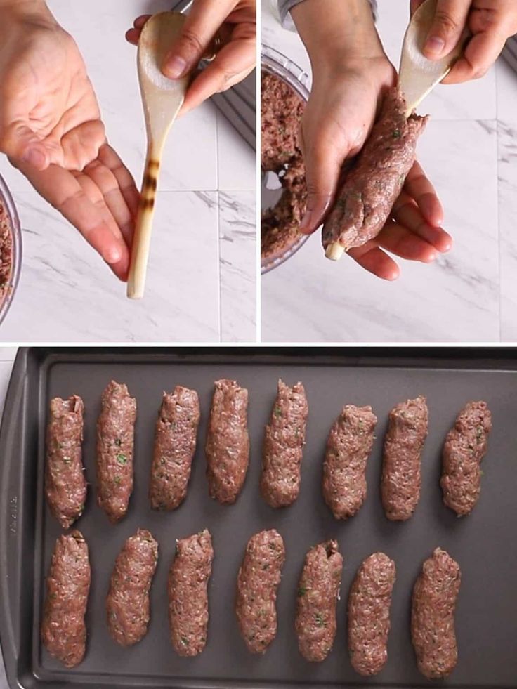 the process of making meatballs is shown here, then being made into mini skewers