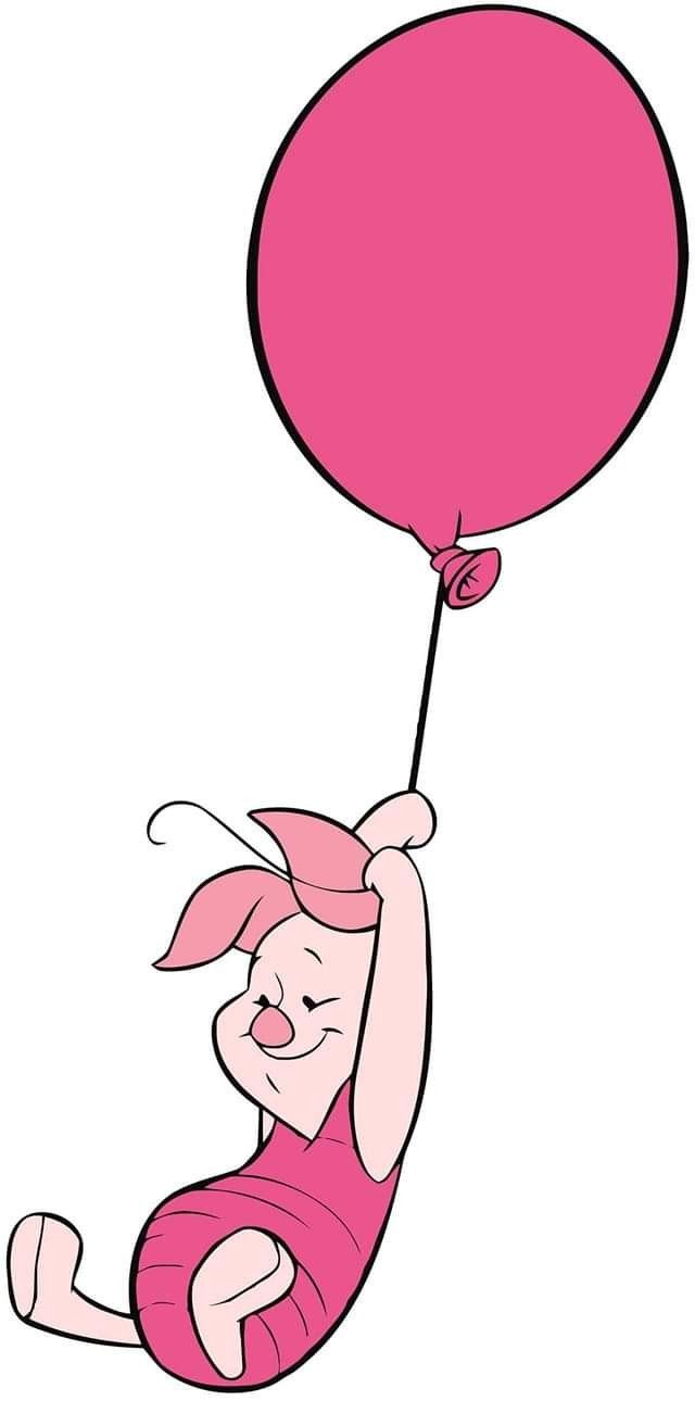 a cartoon character holding onto a pink balloon with one hand and the other leg in the air