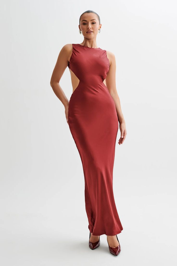 Electra Satin Cut Out Maxi Dress - Berry – MESHKI U.S Satin Maxi Dress With Ruched Back For Evening, Evening Satin Maxi Dress With Ruched Back, Satin Maxi Dress With Ruched Back, Floor-length Maxi Dress With Ruched Back For Date Night, Satin Maxi Dress With Ruched Back For Gala, Cowl Back Maxi Dress For Date Night, Date Night Maxi Dress With Cowl Back, Backless Bias-cut Maxi Dress For Night Out, Backless Maxi Dress For Night Out With Bias Cut