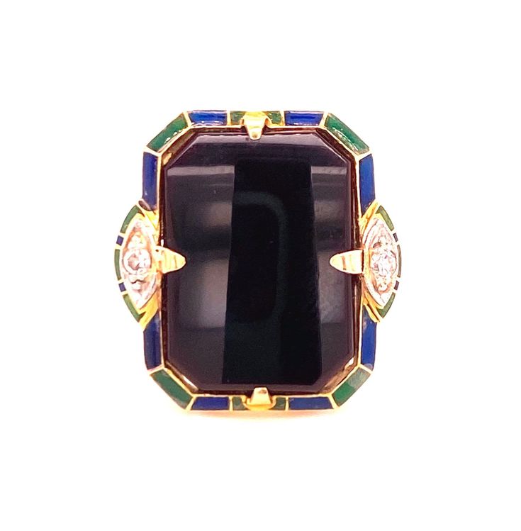 An Art Deco ring in 14ct yellow gold with blue and green enamel with central rectangular onyx and round brilliant cut diamond on either side.  Size K and can be resized.  Very minor wear to some enamel commensurate with age. Gold Art Deco Enamel Ring, Formal Enamel Ring With Gemstone, Elegant Enamel Ring With Inlay, Art Deco Enamel Rings For Formal Occasions, Oval Enamel Ring With Polished Finish, Art Deco Yellow Gold Enamel Ring For Formal Occasions, Fine Jewelry Enamel Ring With Gemstone, Fine Jewelry Enamel Ring, Formal Yellow Gold Enamel Ring With Black Details