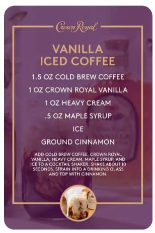 A recipe from Crown Royal of a Vanilla Iced Coffee. One point five ounce of cold brew coffee, plus one ounce of crown royal vanilla, plus one ounce of heavy cream, plus point five ounces of maple syrup, plus ice and lastly ground cinnamon. Add cold brew coffee, crown royal vanilla, heavy cream, maple syrup and ice to a cocktail shaker.Shake about 10 seconds, strain into a drinking glass and top with cinnamon. Vanilla Crown Recipes, Crown Vanilla Drinks Recipes, Vanilla Crown Drinks, Crown Royal Vanilla Drinks, Salted Caramel Crown Drinks, Salted Caramel Crown Royal Drinks Recipes, Drinks With Crown Royal Vanilla, Vanilla Crown Royal Drinks Recipes, Crown Royal Vanilla Recipes