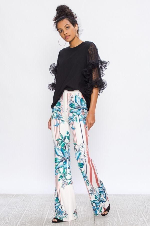 Multi-Colored Flared Print Pants Chic Floral Print Ankle-length Wide Leg Pants, Chic Bold Print Summer Pants, Multicolor Floral Print Pants For Spring, Spring Multicolor Floral Print Pants, Spring Floral Print High-waisted Wide Leg Pants, High-waisted Floral Wide Leg Pants For Spring, Chic Floral Print Wide-leg Pants, Chic Wide-leg Floral Print Pants, Chic Wide-leg Pants With Floral Print