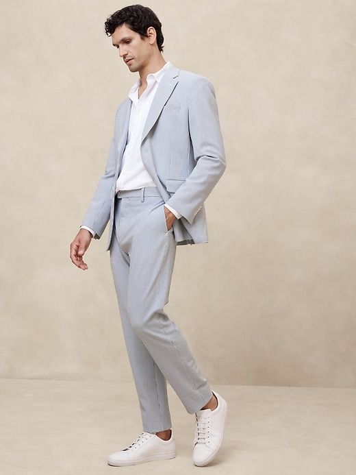 Tailored-Fit Striped Seersucker Suit Trouser | Banana Republic Factory Tailored Summer Suits For Business Casual, Tailored Summer Business Casual Suits, Summer Tailored Business Casual Suits, Slim Fit Suit For Semi-formal Spring Events, Tailored Spring Suit With Hidden Button Closure, Tailored Business Suits For Spring, Spring Suits With Welt Pockets And Notch Lapel, Tailored Spring Suits For Formal Occasions, Tailored Suits For Spring Business Events