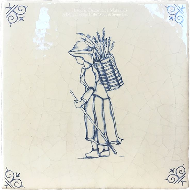 a blue and white tile with a drawing of a man carrying flowers