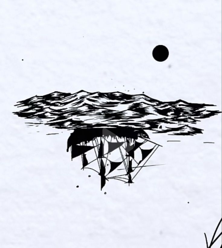 a black and white drawing of an island in the middle of water with mountains behind it