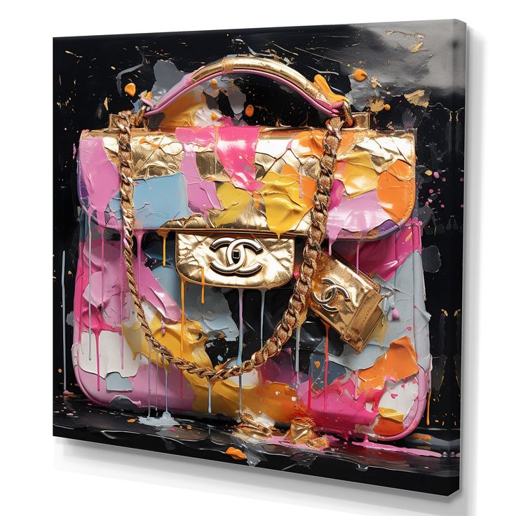 a chanel handbag is covered in gold and pink paint