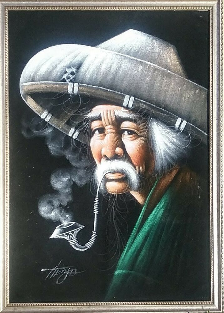 Vintage Oil Painting on Black Velvet Fabric old man w/hat smoking pipe-Framed #Vintage Mexican Paintings, Velvet Painting, Black Velvet Fabric, Barn Design, Framed Oil Painting, Antique Frames, Vintage Oil Painting, Horse Painting, Vintage Painting