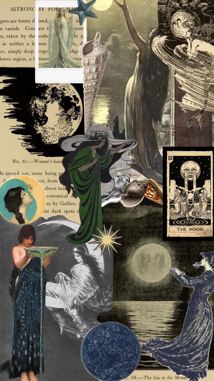 an altered collage with images and words about the moon, stars, and other things