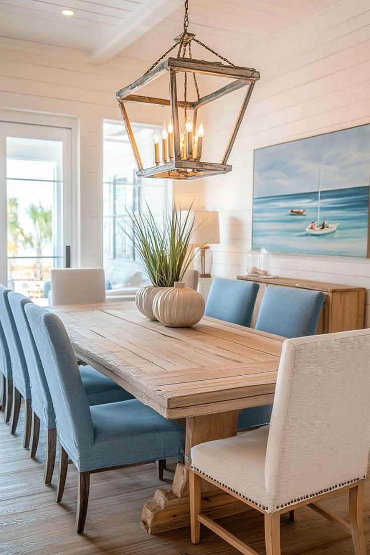 a dining room table with blue chairs and a painting on the wall in the background