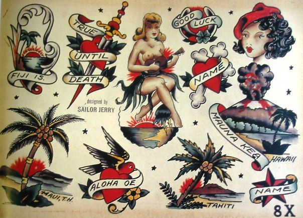 an old school tattoo design on the back of a sheet of paper with images of women and tattoos