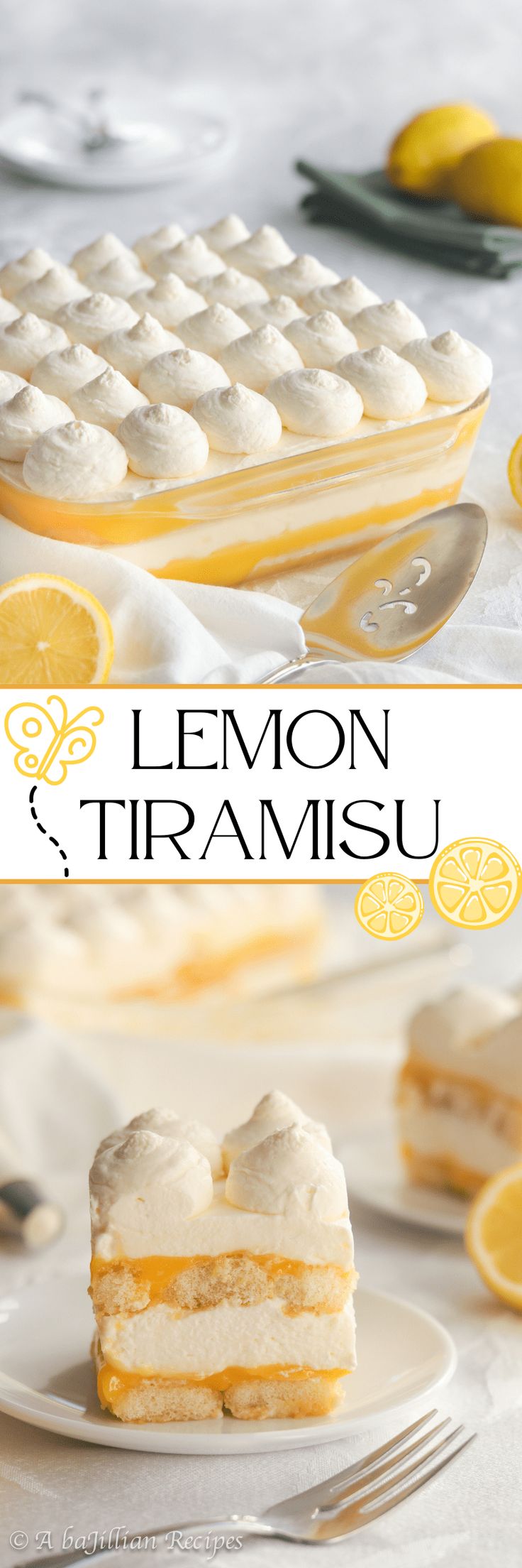 lemon tirami cake on a white plate with the words lemon tirami