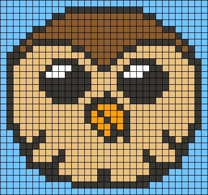 a pixellated image of an owl with big eyes and brown hair, wearing a hat