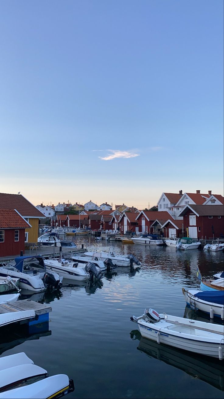 boats are parked in the water near houses