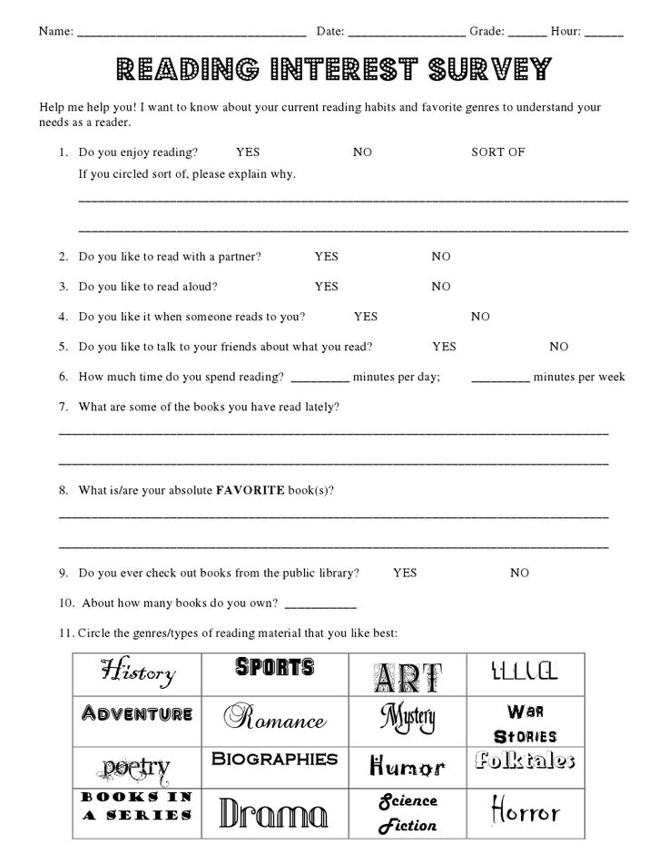 the worksheet for reading interest survey is shown in black and white, with words on