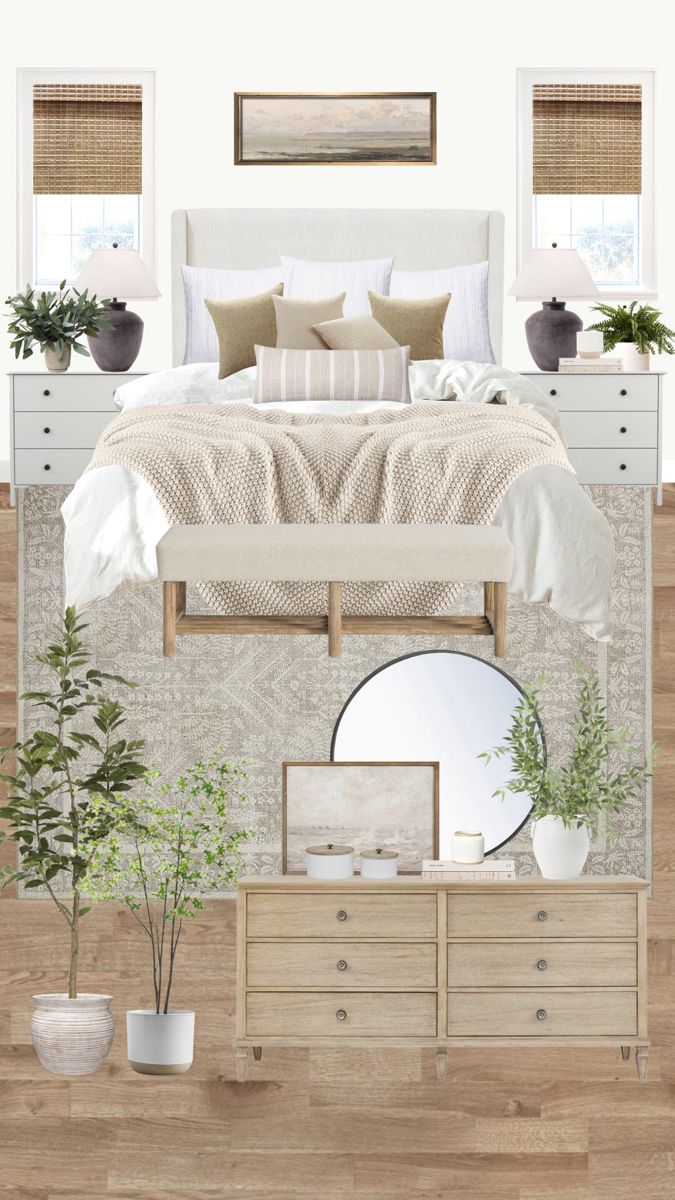 a white bed sitting next to a dresser with plants on top of it in a bedroom