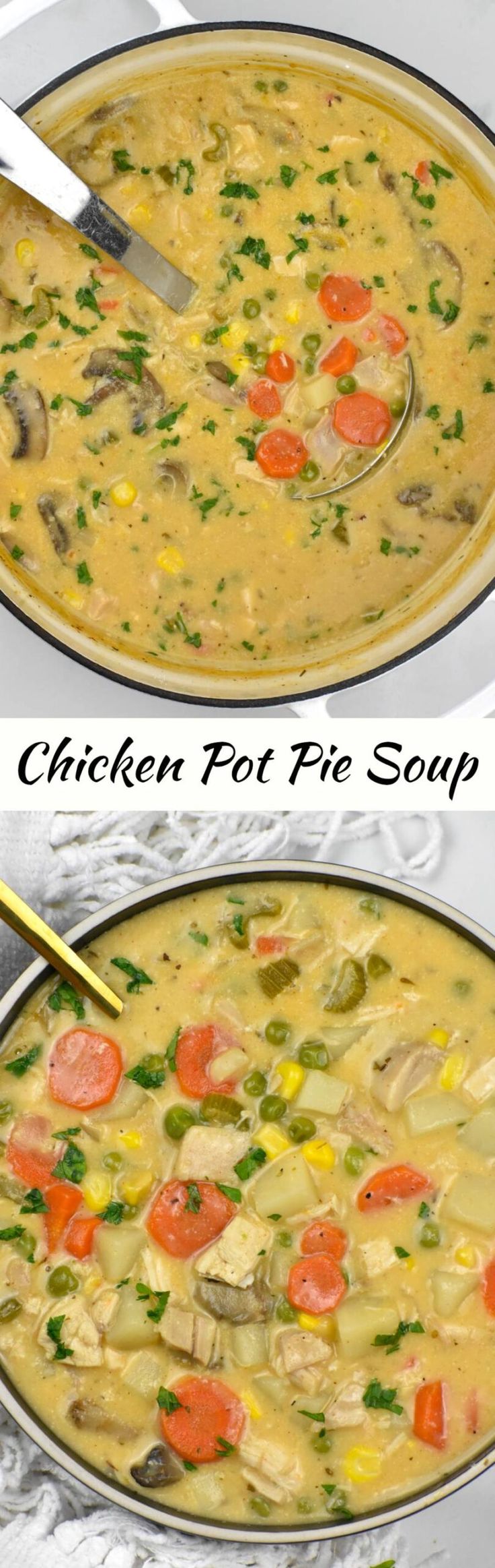 chicken pot pie soup is shown in two separate pans, with the same side by side