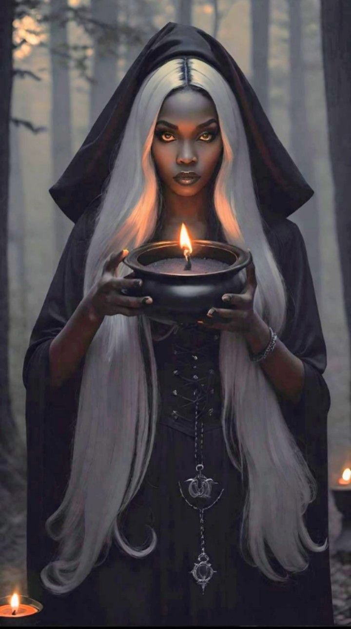 a woman with long white hair holding a bowl in her hands and wearing a black robe