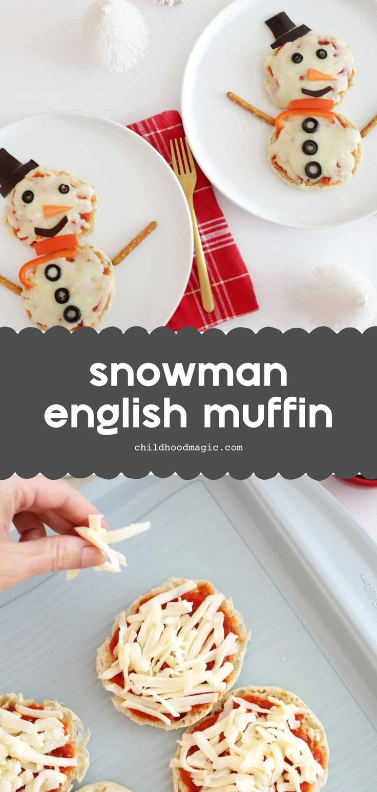 snowman english muffins on a tray with forks