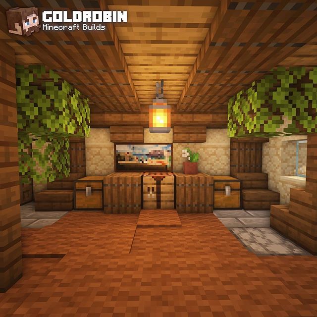 the interior of a minecraft living room with wood floors and walls, as well as furniture