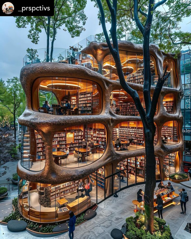 an unusual building with many books on it