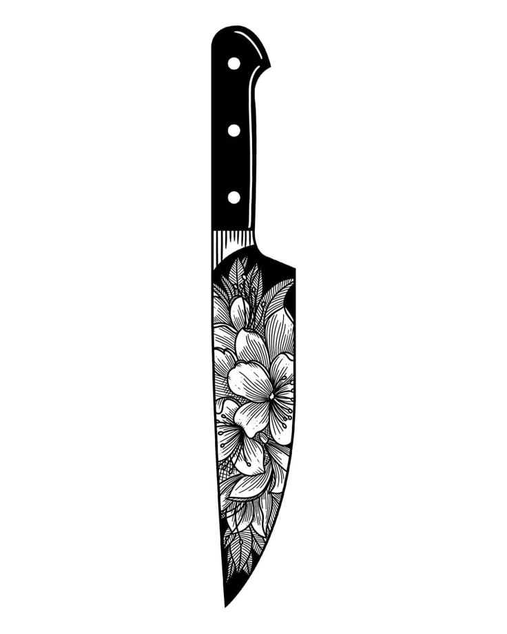 a black and white drawing of a knife with flowers on it's blade that is cut in half