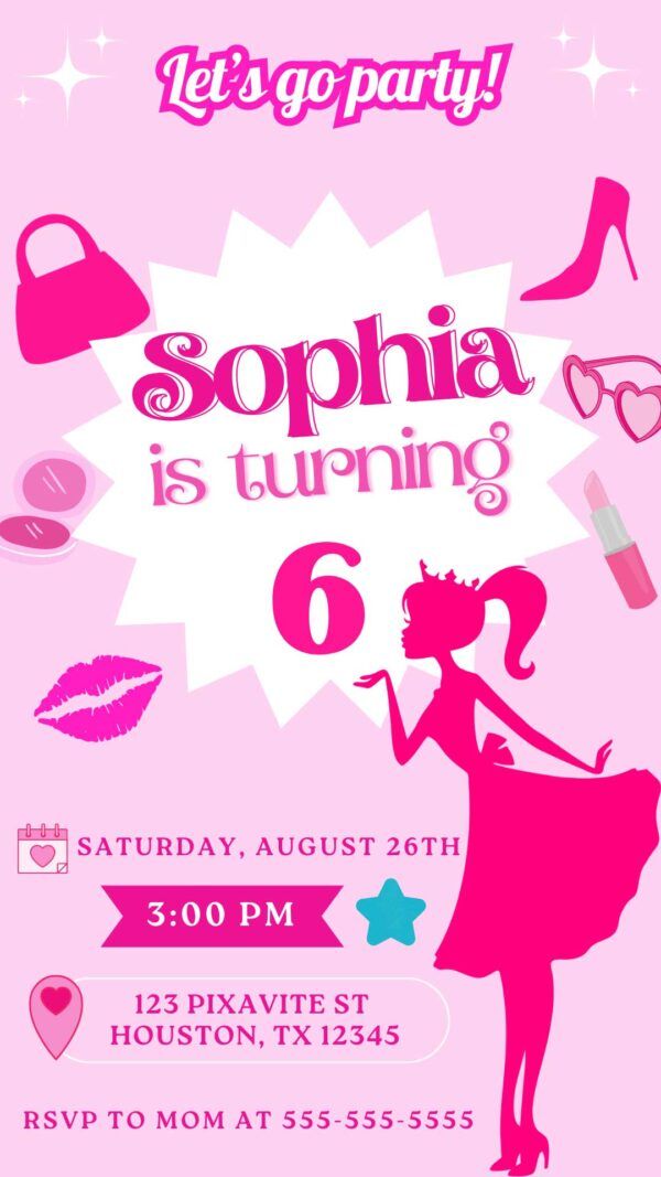 a pink birthday party flyer with a woman in a dress and high heels on it