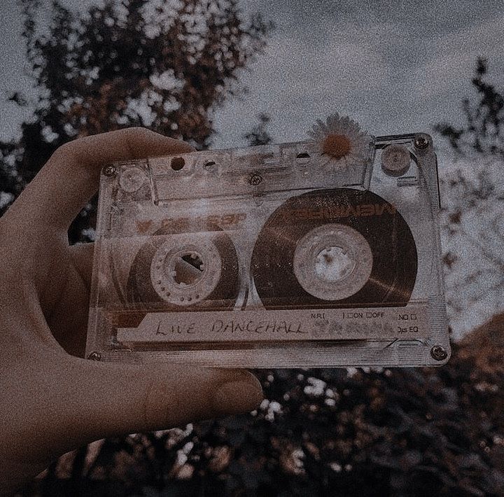 someone holding up an old - fashioned cassette player in front of the camera with trees behind them