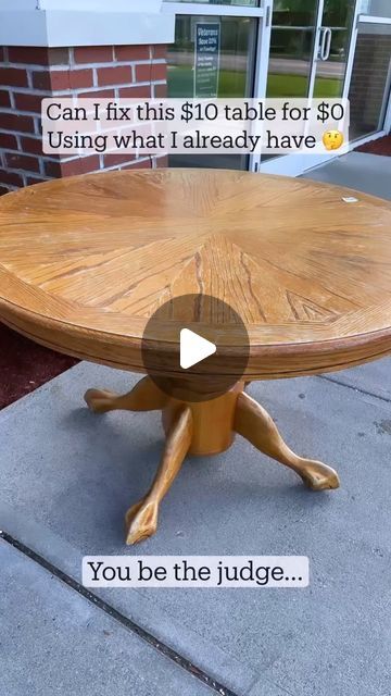 a wooden table sitting on top of a sidewalk next to a brick building with the words can i fix this $ 10 table for $ 80 using what i already have