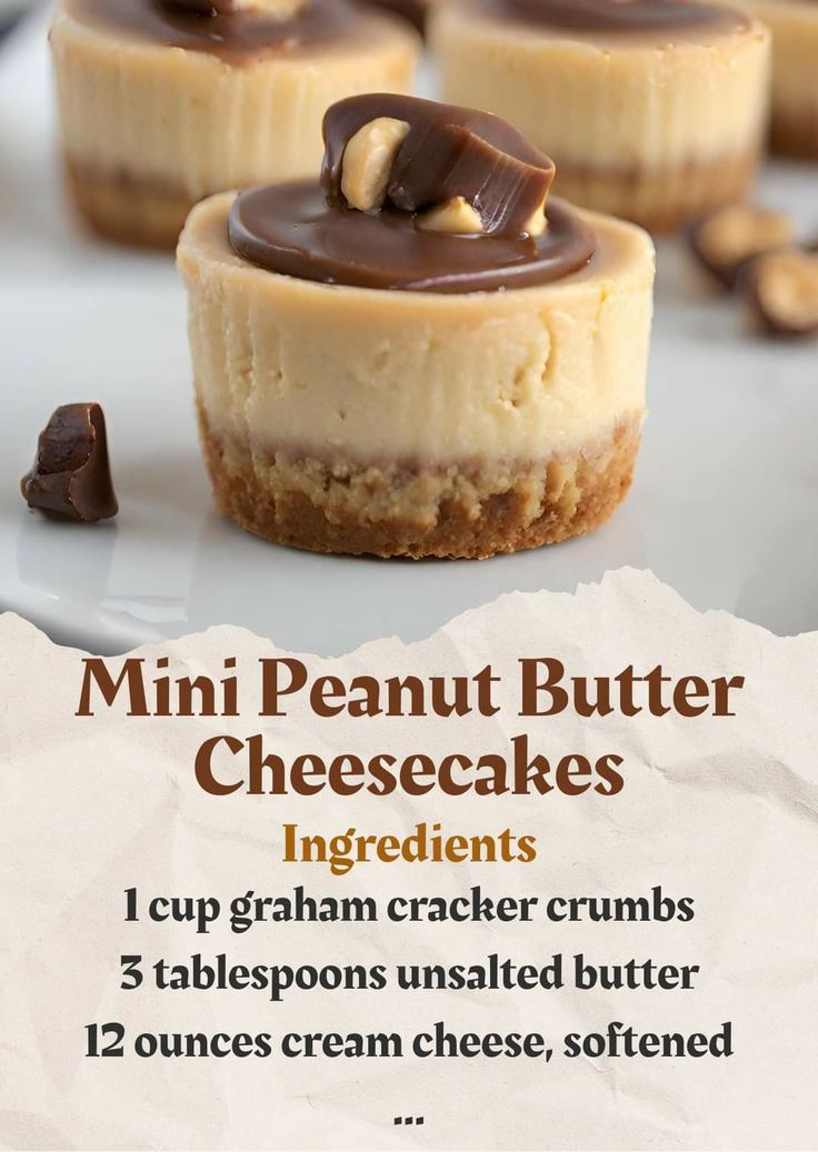 mini peanut butter cheesecakes on a white plate with text overlay that reads, mini peanut butter cheesecakes ingredients i cup graham cracker crumbs