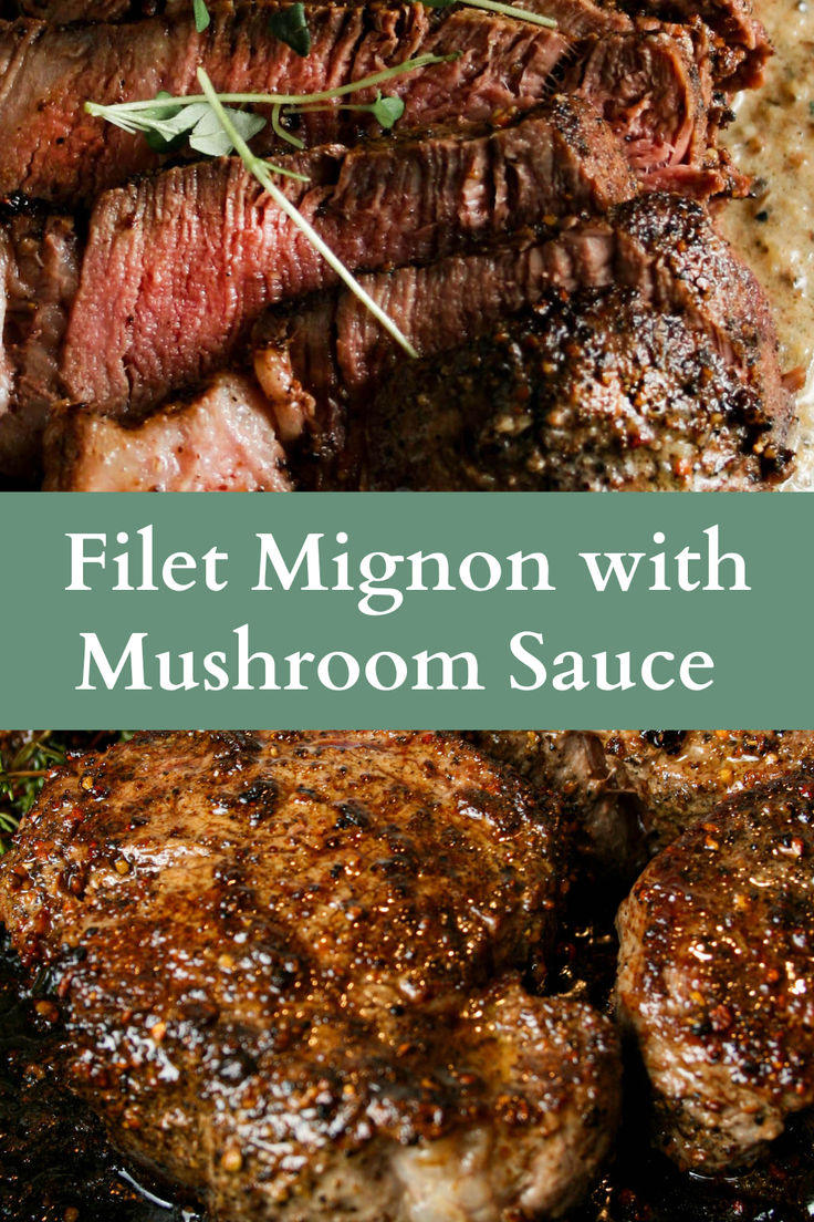 steak with mushrooms and herbs on the side, in a skillet that says filet migon with mushroom sauce