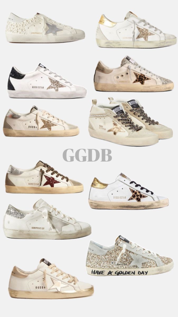 different types of sneakers with the words ggbb written in white and gold on them