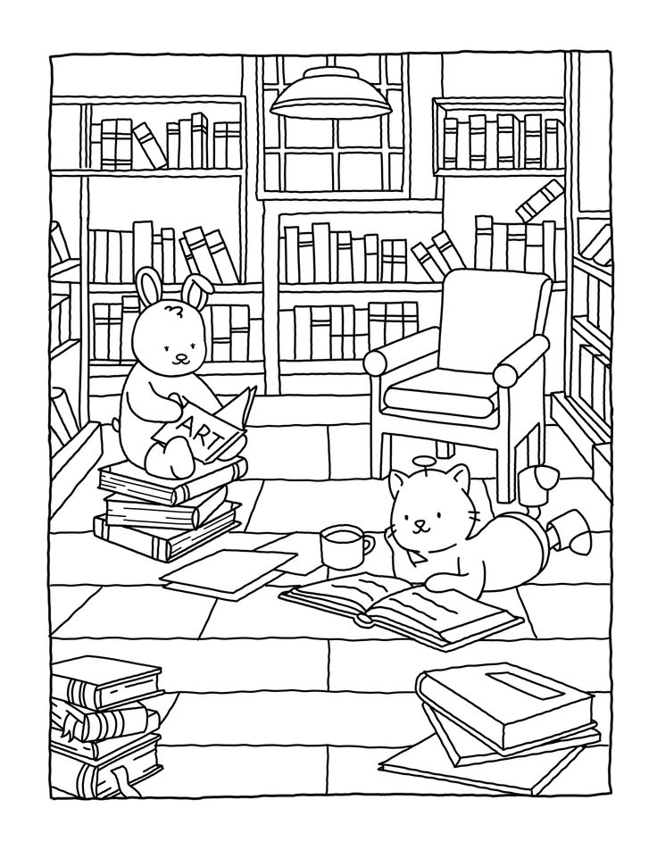 a coloring page with two teddy bears reading books in a library, while another bear looks on