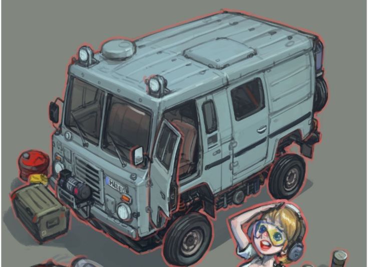 a drawing of a woman sitting in front of a truck with other items around her