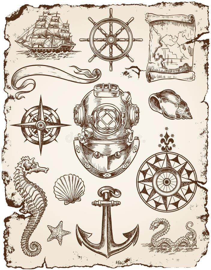 an old paper with marine and sea symbols on it royalty photo - illustration, hand drawn