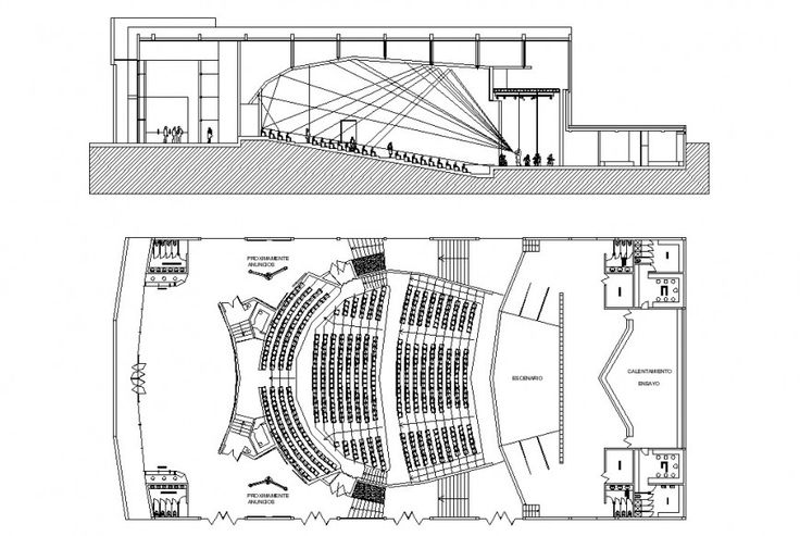 the plan and section of an auditorium, with seating areas for people to sit in