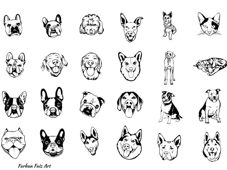 a bunch of dogs that are drawn in black and white