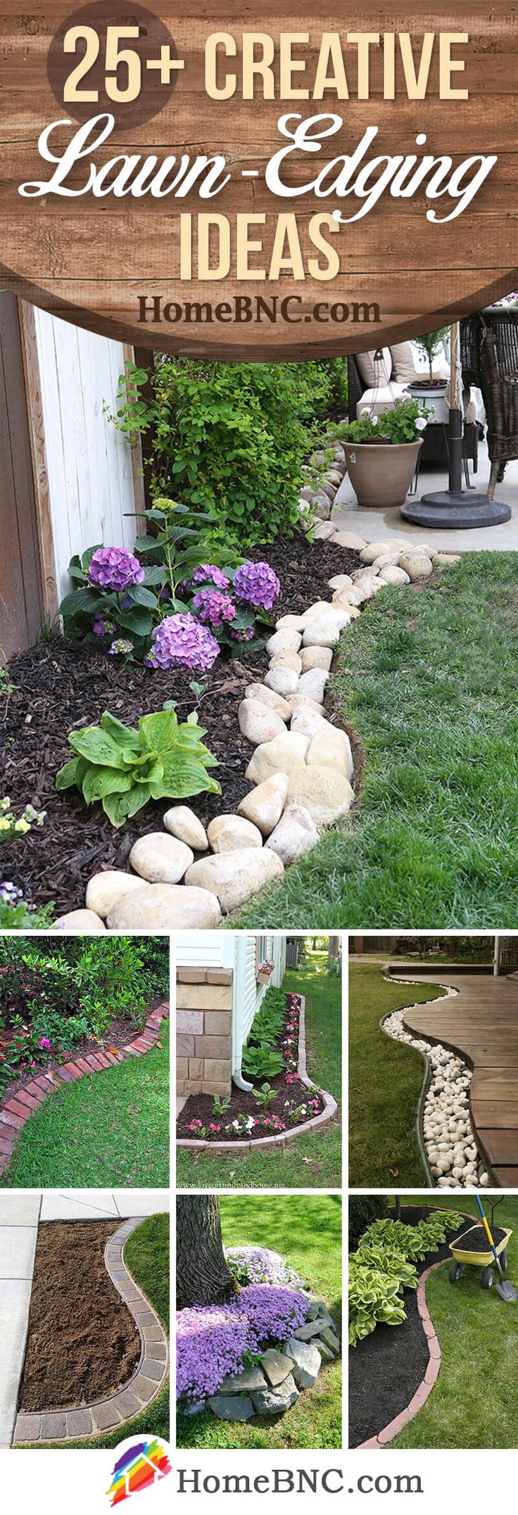 the front yard is decorated with landscaping and landscaping supplies, such as flowers, rocks, grass