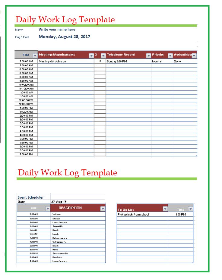 two daily work log templates are shown in red and green, one is empty