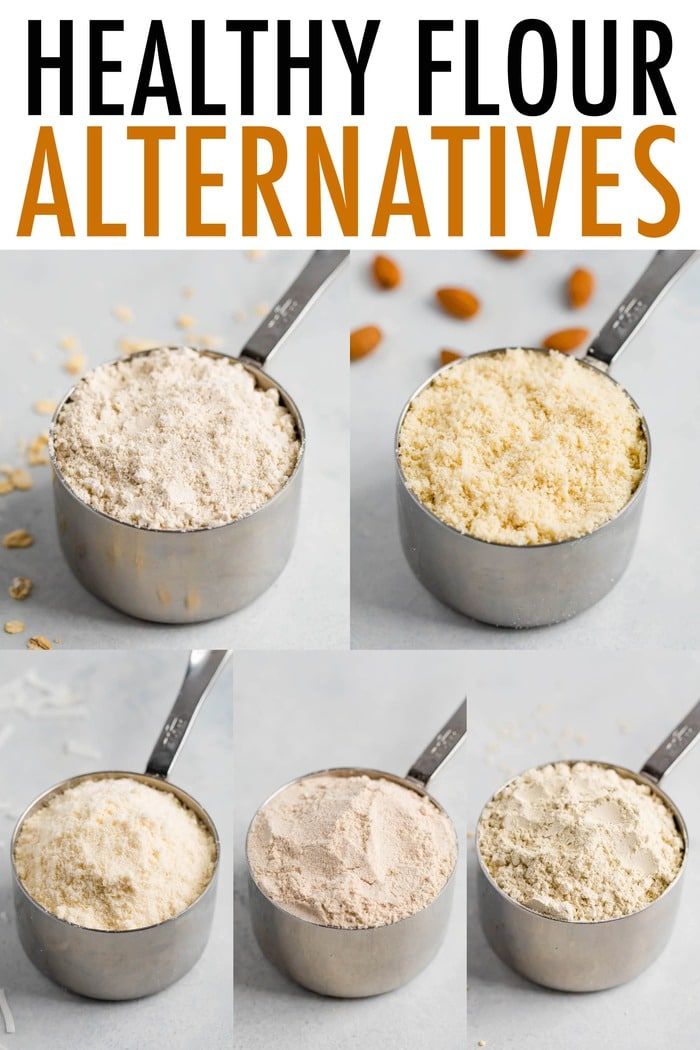 four images showing how to make healthy flour alternatives with almonds in the background