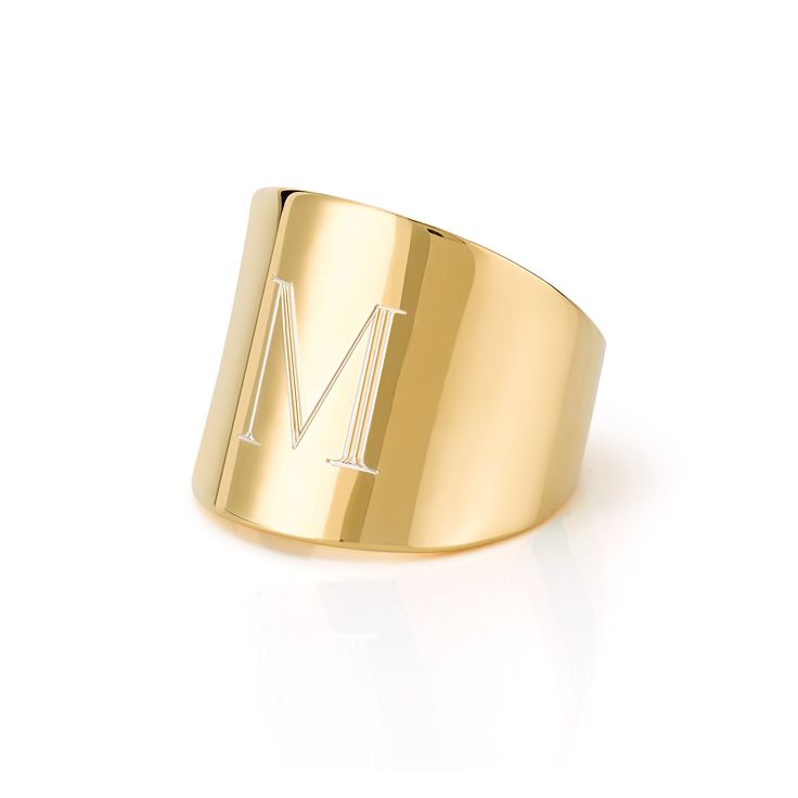 A great statement piece, the LANA CIGAR SIGNET RING measures 17mm in height. If you are between sizes we recommend sizing up for this style. For monograms enter initials as follows: First Initial, Last Initial, Middle Initial (Jane Olivia Smith should be written as JSO) The S will appear in the center slightly enlarged. Custom ring sizes are only available in the 14K versions. 14K White Gold and 18K Yellow Gold are available upon custom request. Due to its personalized nature, please allow 2-3 w Modern Tan Jewelry With Initials, Modern Engraved White Gold Ring With Wide Band, Modern Wide Band Engraved Ring For Anniversary, Modern Engraved Wide Band Ring For Anniversary, Modern Engraved Open Initial Ring, Pinky Rings For Women, Mirror Ring, Wide Gold Ring, Mom Ring