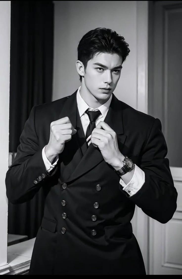 a young man adjusting his tie in a black and white photo by an open door